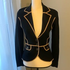 Cache Black Sweater/Cardigan. Tan Trim. Size Small.